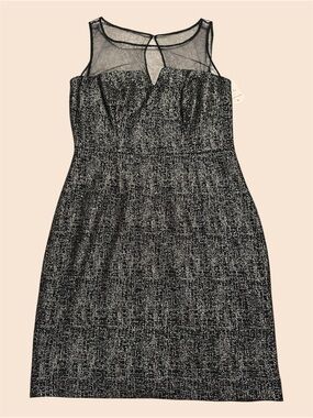 Adrianna Papell Black and Silver Glitter Mesh Yoke Sheath Dress
